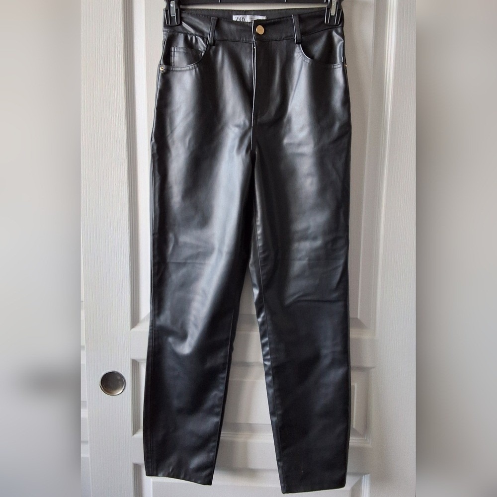 Zara Medium High Waisted Straight Leg Faux Leather Pants Black Punk Grunge Y2K
